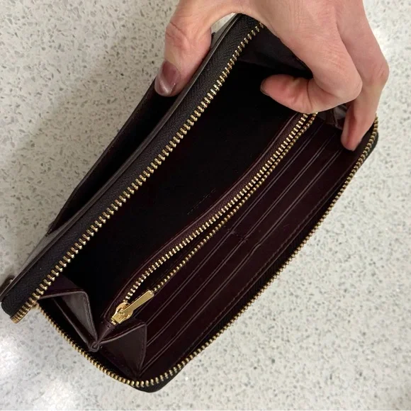 Coach Dark Brown Leather Monogram Gold Hardware Zippered Wallet - Picture 5 of 13